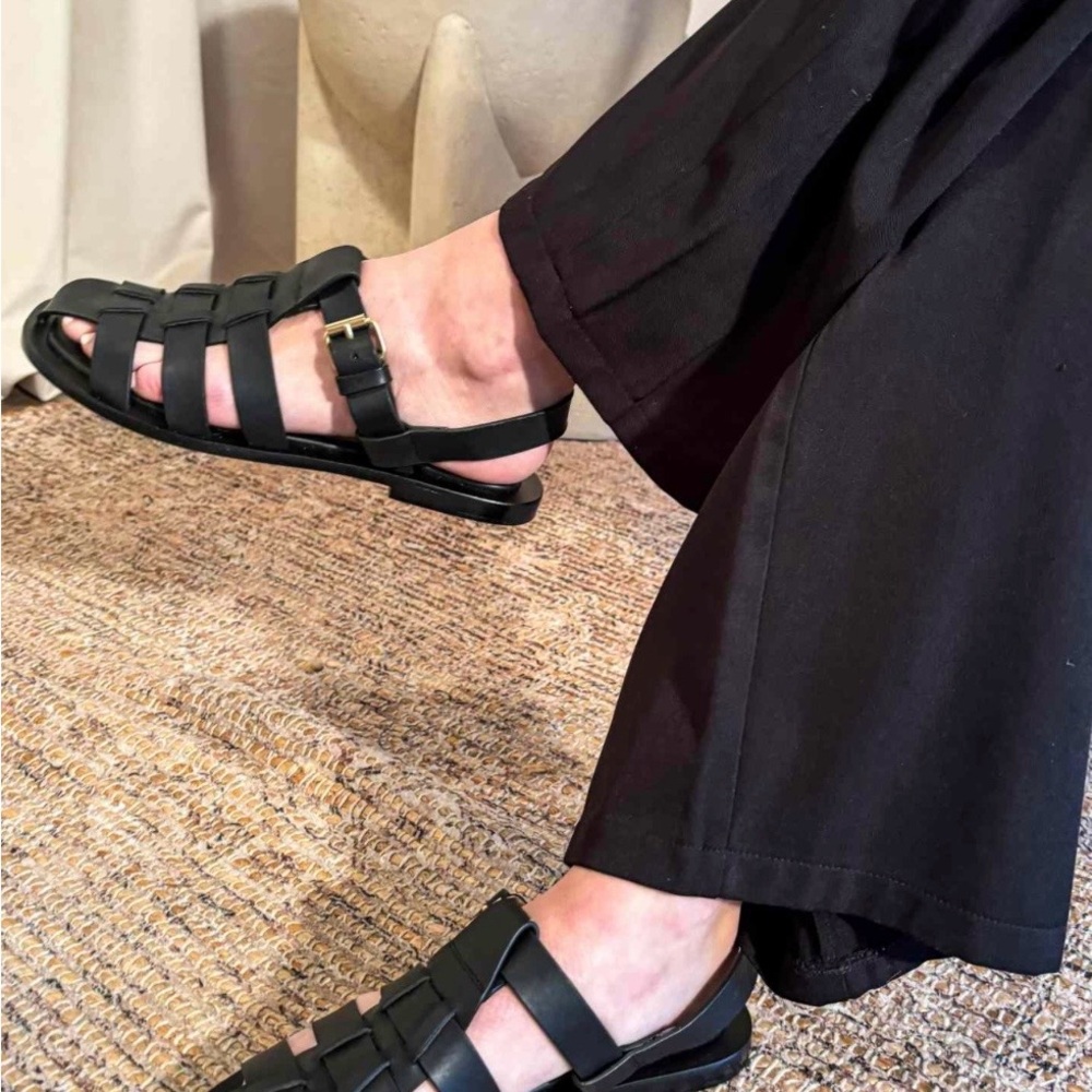 Mansur Gavriel Fisherman Sandals - Black Leather Sandals with Gold Buckle - Picture 6 of 11
